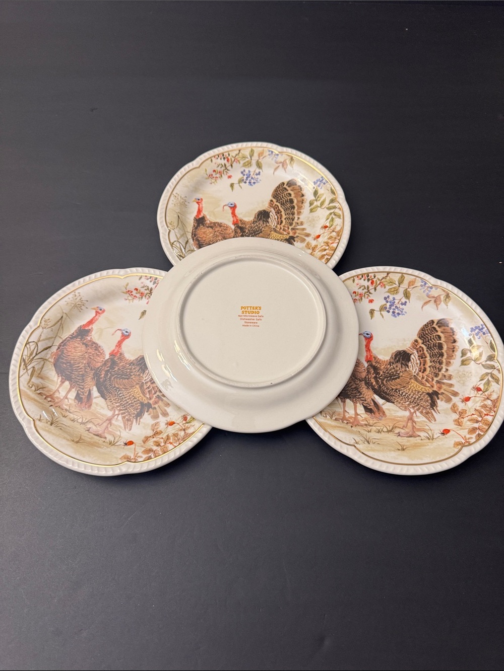 NWOT 4pc Potter's Studio Scalloped Stoneware  Turkey Salad Plates - 8.25" - Picture 6 of 10